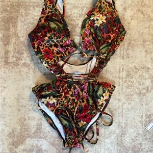 SHEIN Red and Green One Piece Swimsuit with Cut-Out Design